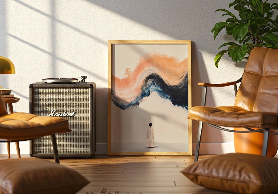 Minimalist Dreamscape Figure Before Peach Wave Quiet Contemplative Wall Art - Image 5