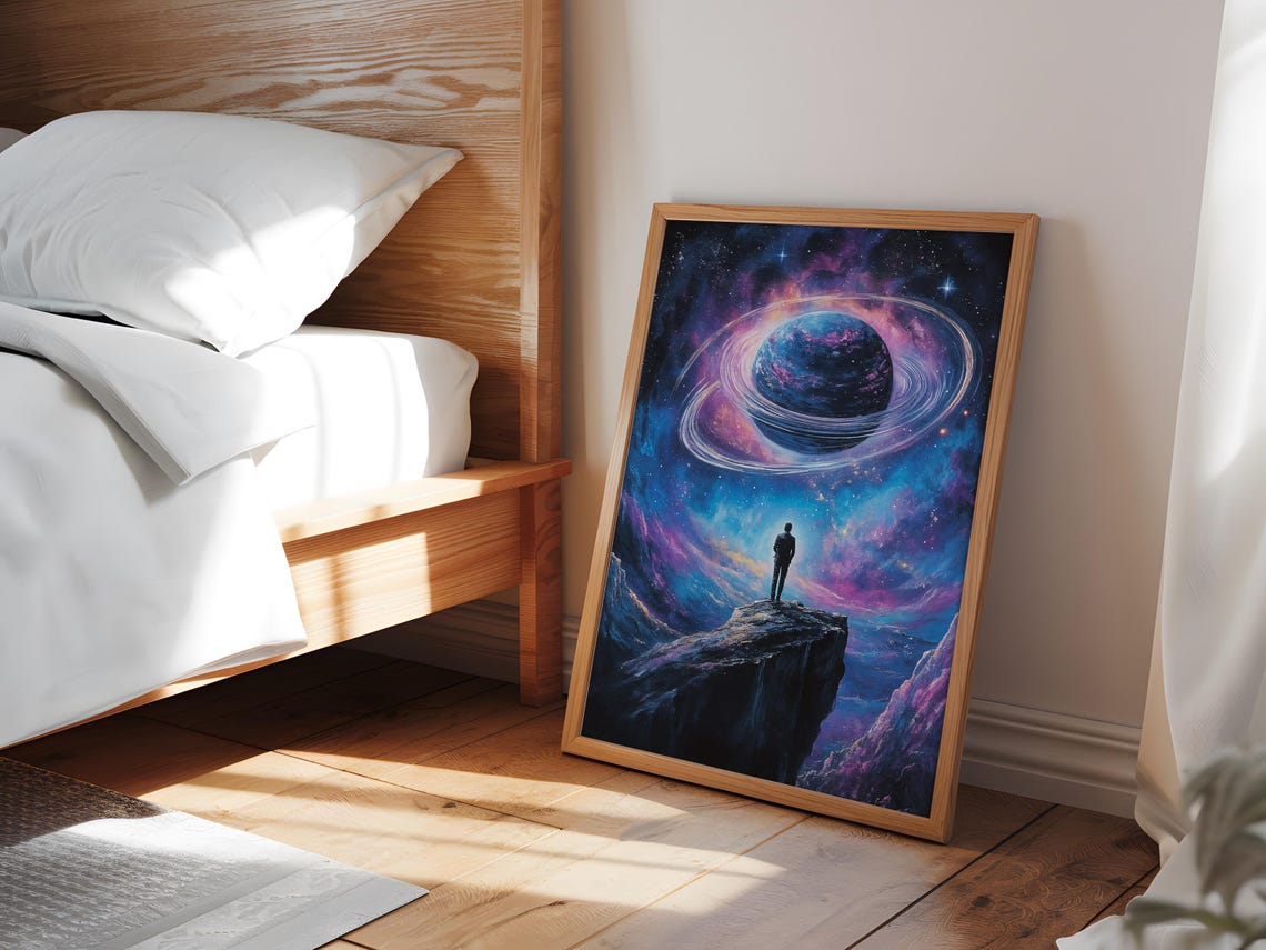 Lone Figure Ringed Planet Nebula Cosmic Wanderer Space Poster - Image 3