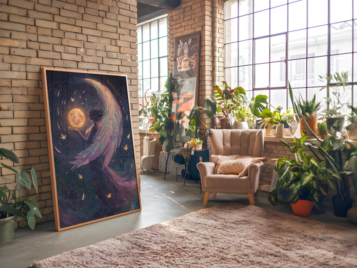 Celestial Angel Sun Orb Golden Wings Night Sky Fantasy Dream Poster - Image 3