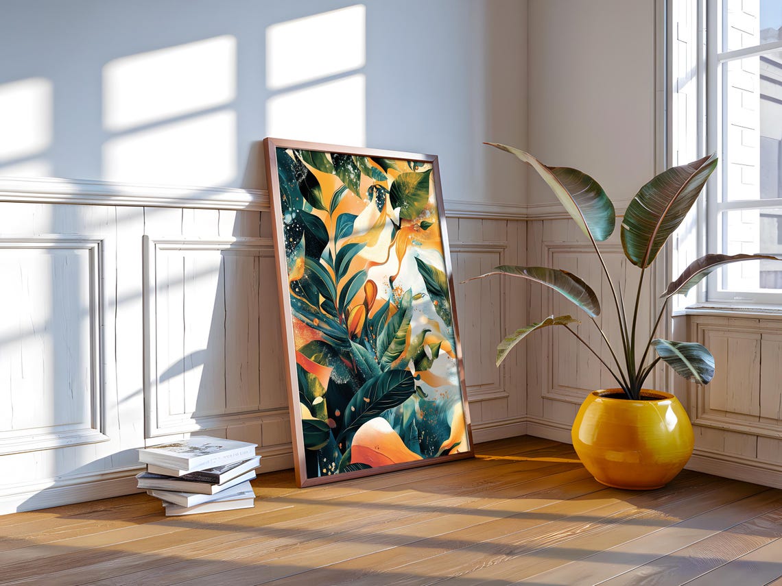 Lush Tropical Leaves Green Gold Botanical Modern Nature Art Poster - Image 2