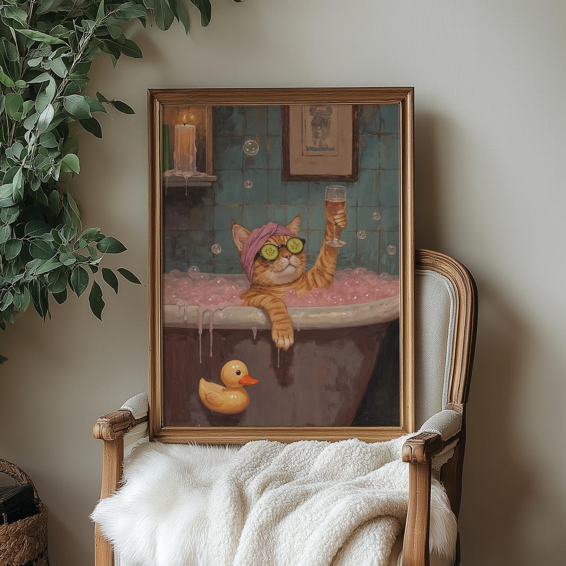 Funny Cat In Bathtub Art Print Whimsical Bathroom Decor Retro Animal Wall