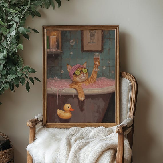 Funny Cat In Bathtub Art Print Whimsical Bathroom Decor Retro Animal Wall