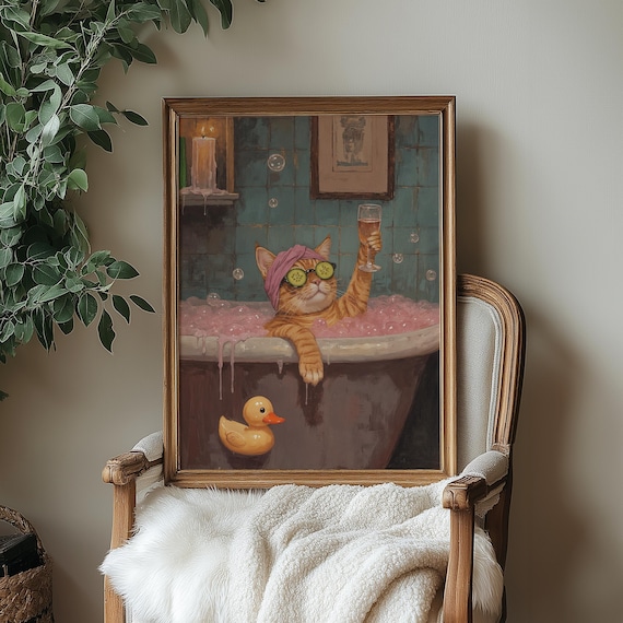 Pampered Cat Bubble Bath Wine Spa Funny Orange Tabby Art Poster