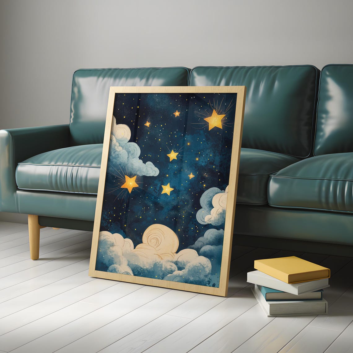 Magical Gold Stars Night Sky Whimsical Clouds Nursery Poster - Image 2