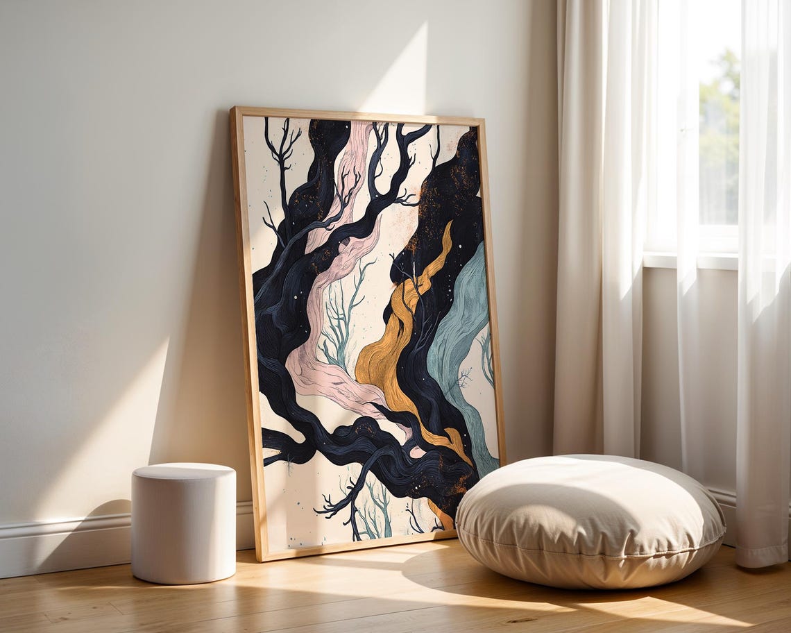 Dark Twisted Tree Branch Abstract Art Print Navy Gold Blush Tones - Image 2