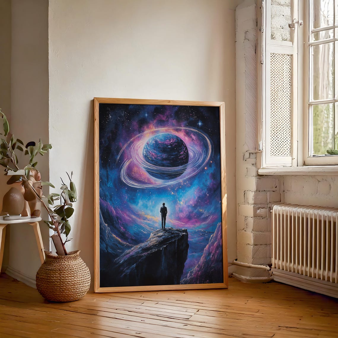 Lone Figure Ringed Planet Nebula Cosmic Wanderer Space Poster - Image 2