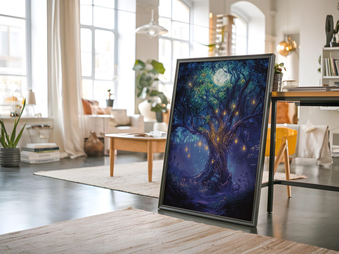 Enchanted Moonlit Tree Art Print Fantasy Lantern Mystical Nature Wall Dcor - Image 2