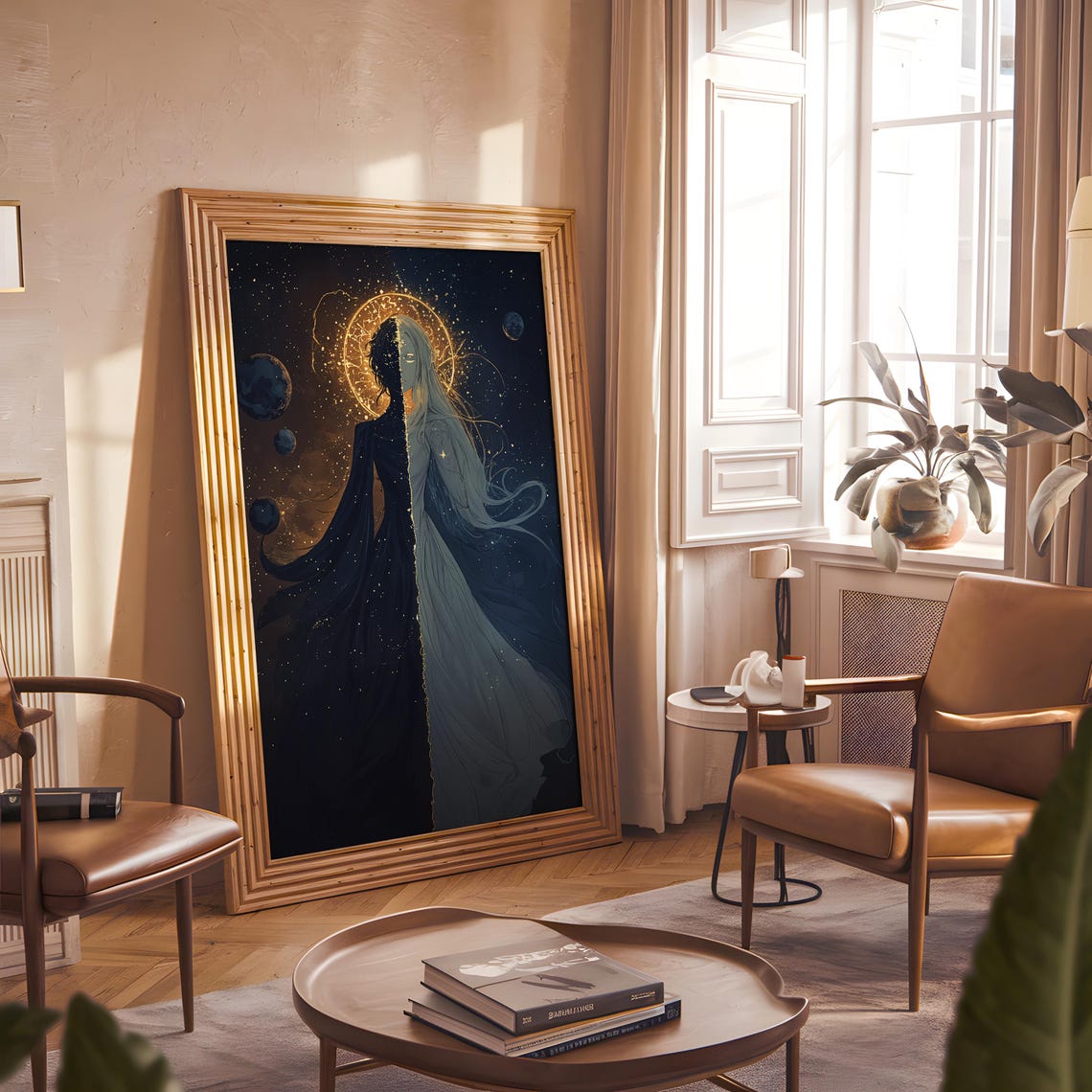 Celestial Goddess Gold Halo Dark Blue Cosmic Portrait Poster - Image 5