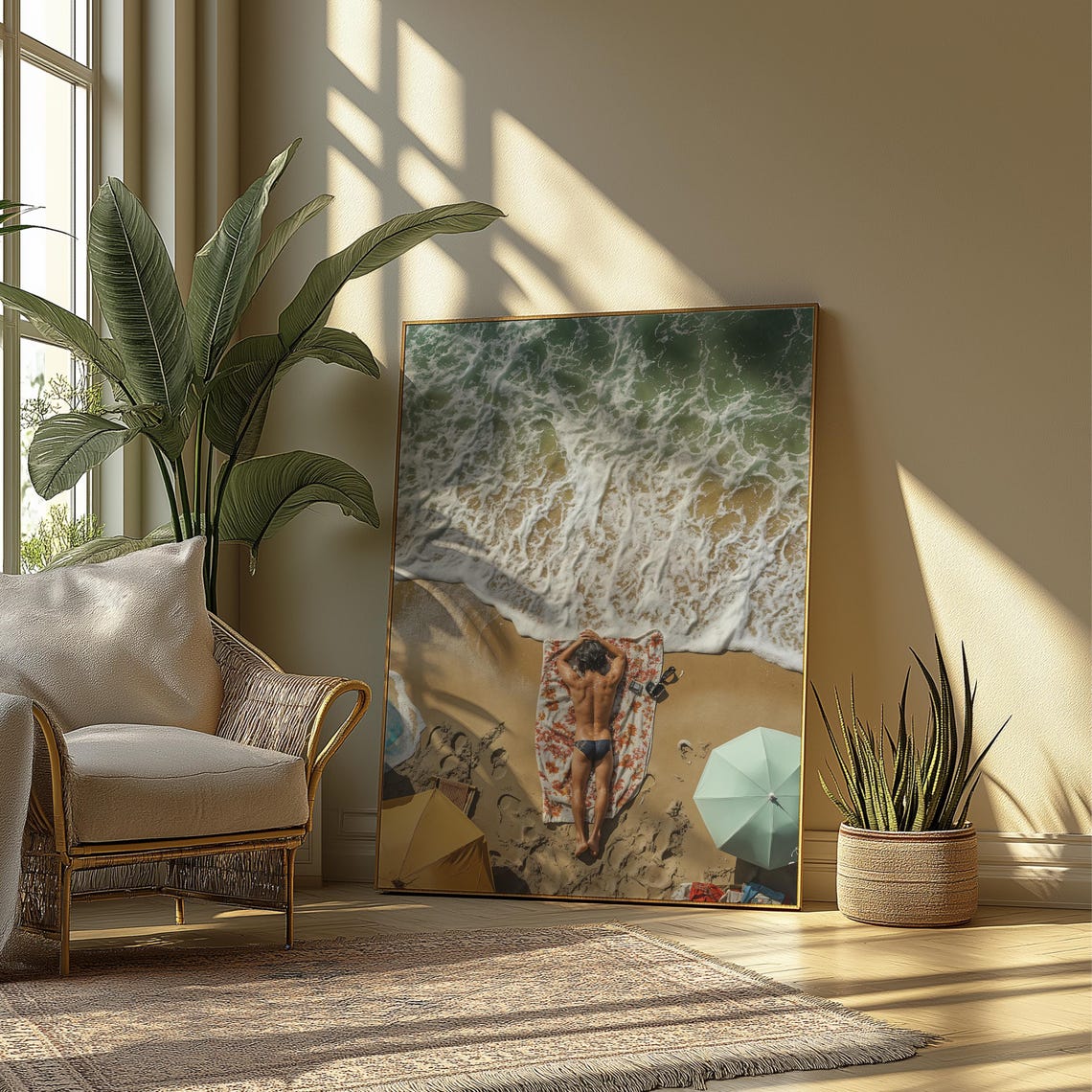 Aerial Beach Sunbather Foamy Surf Golden Summer Ocean Poster - Image 4