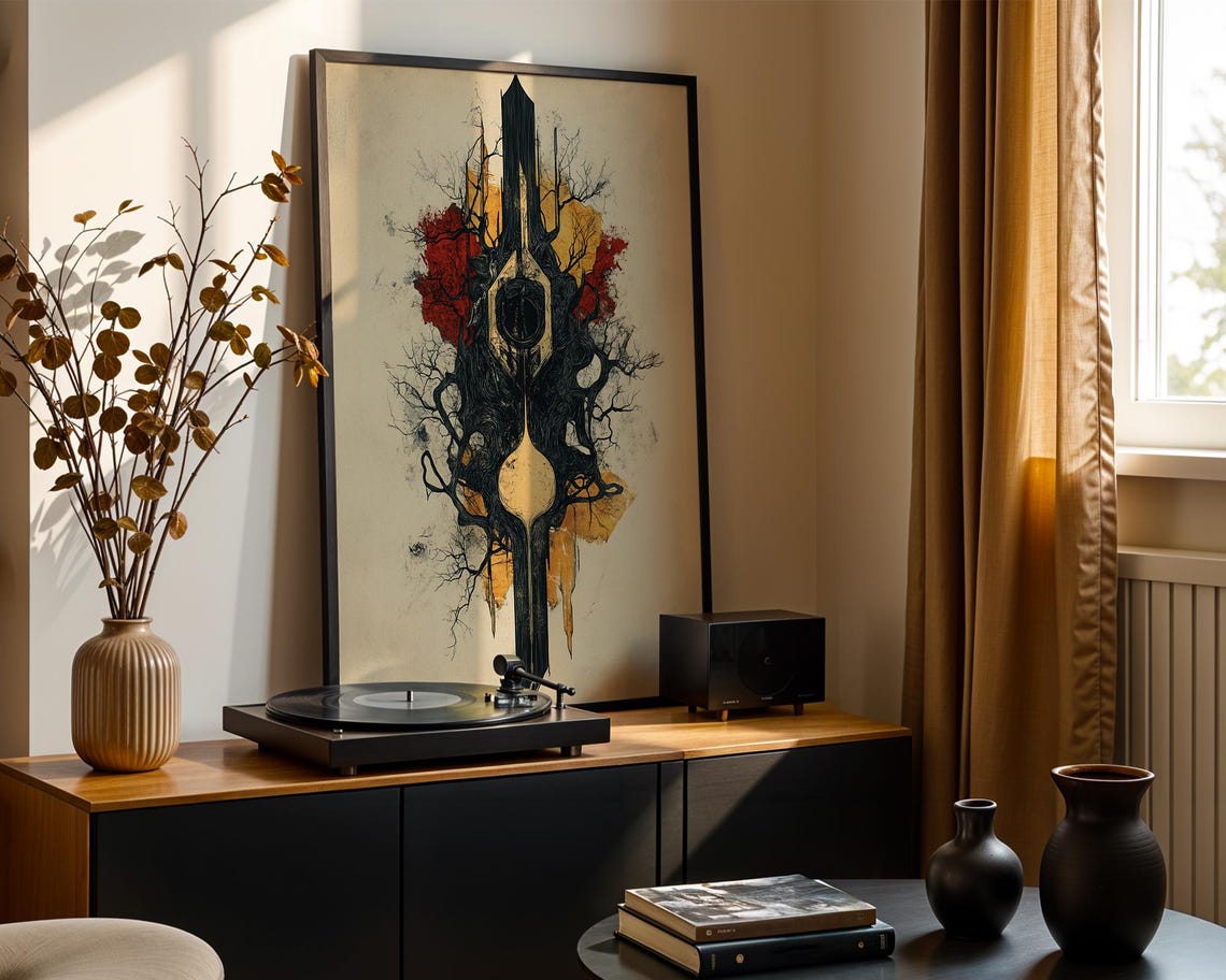 Dark Symbolic Tree Abstract Emblem Red Gold Minimal Mystic Art Poster - Image 4