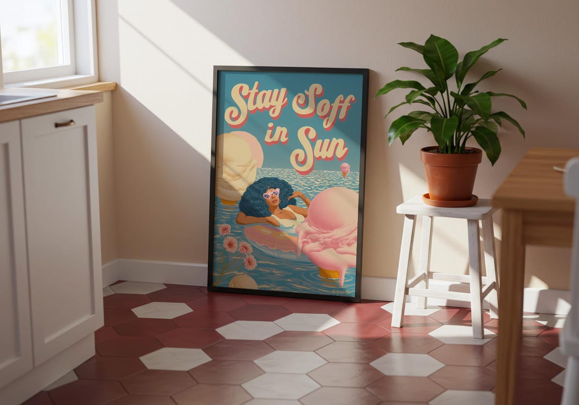 Retro Summer Art Print Stay Soft In Sun Poster Playful Afro Girl Wall - Image 2
