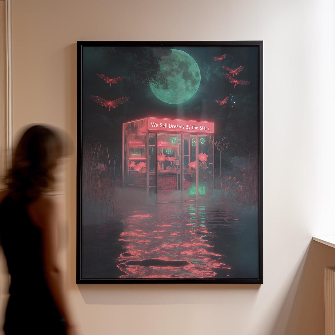We Sell Dreams By the Stem Neon Flower Shop Night Mood Poster