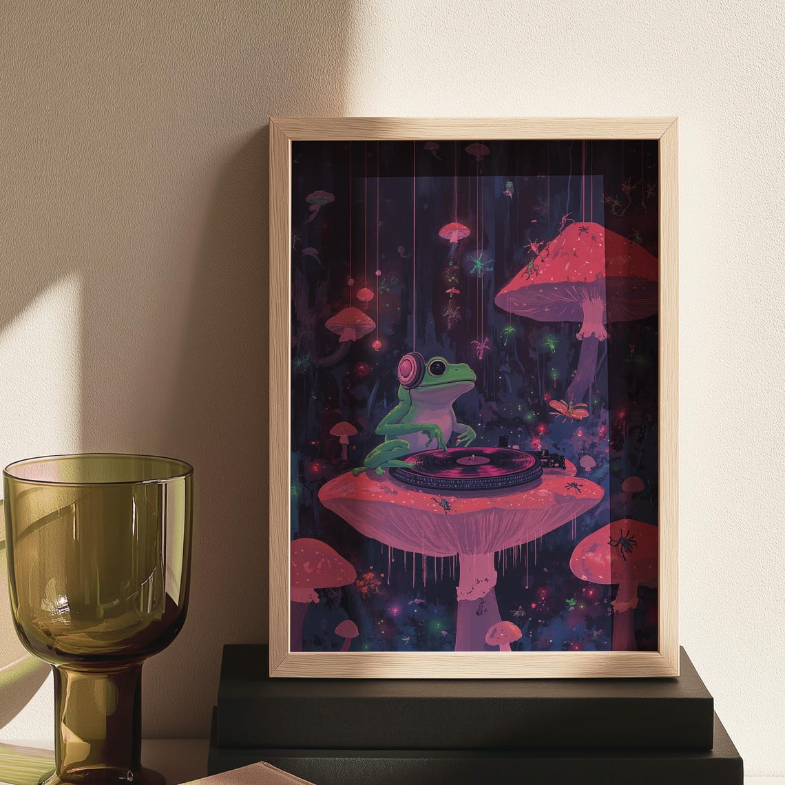Cheerful DJ Frog Headphones Vinyl Mushroom Forest Neon Poster - Image 5