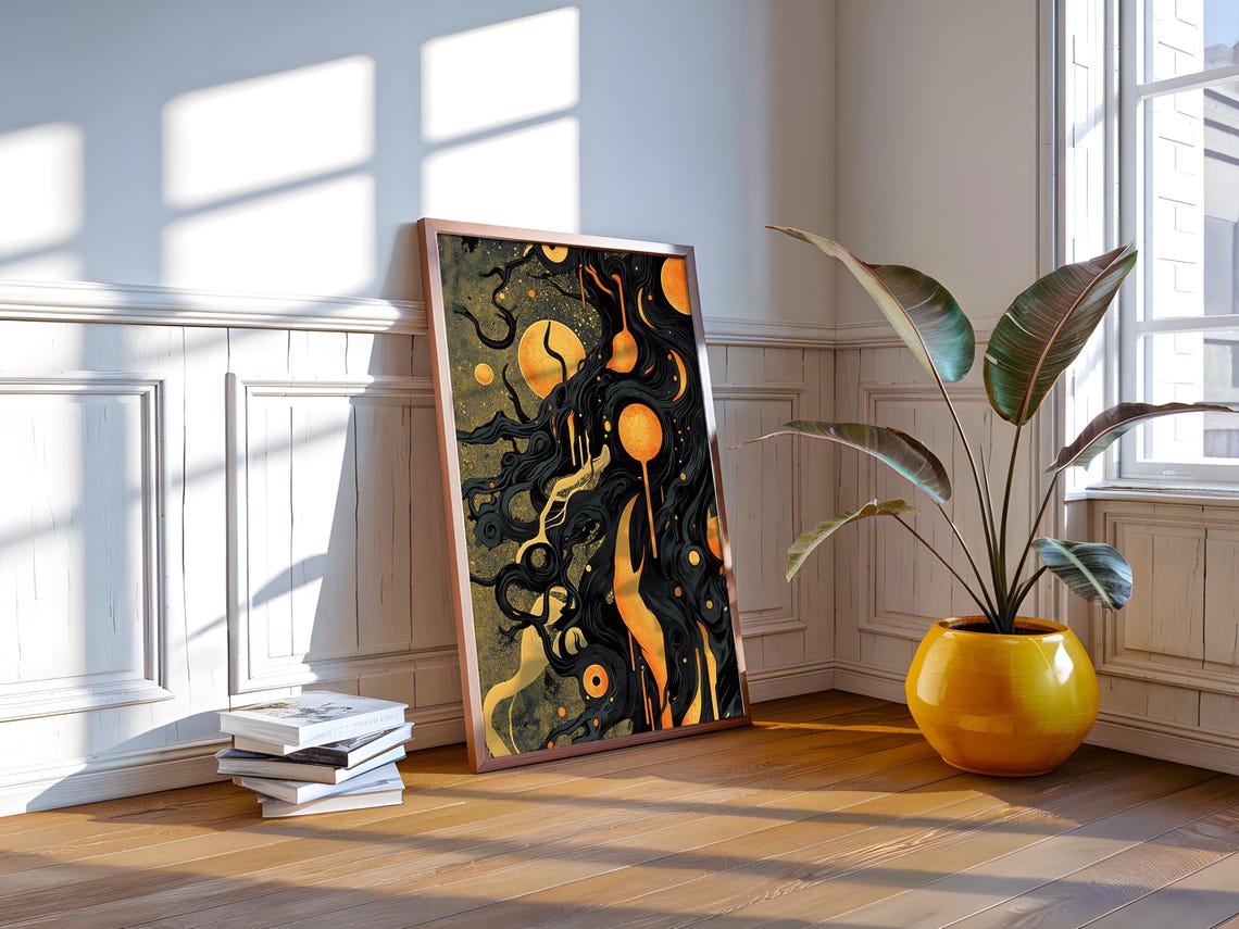 Mystic Suns Celestial Night Dripping Gold Orbs Dark Cosmic Art Poster - Image 2