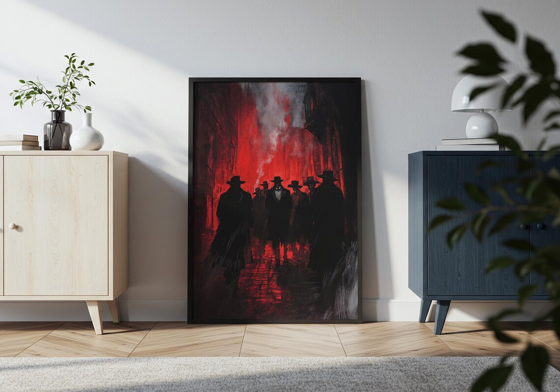 Crimson Alley Noir Gang Silhouette Dark Red Retro Crime Scene Poster - Image 3
