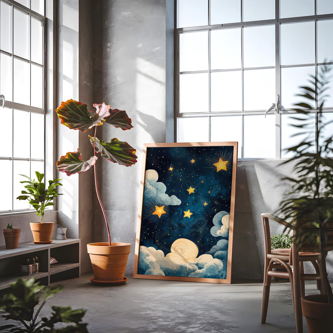 Magical Gold Stars Night Sky Whimsical Clouds Nursery Poster - Image 3