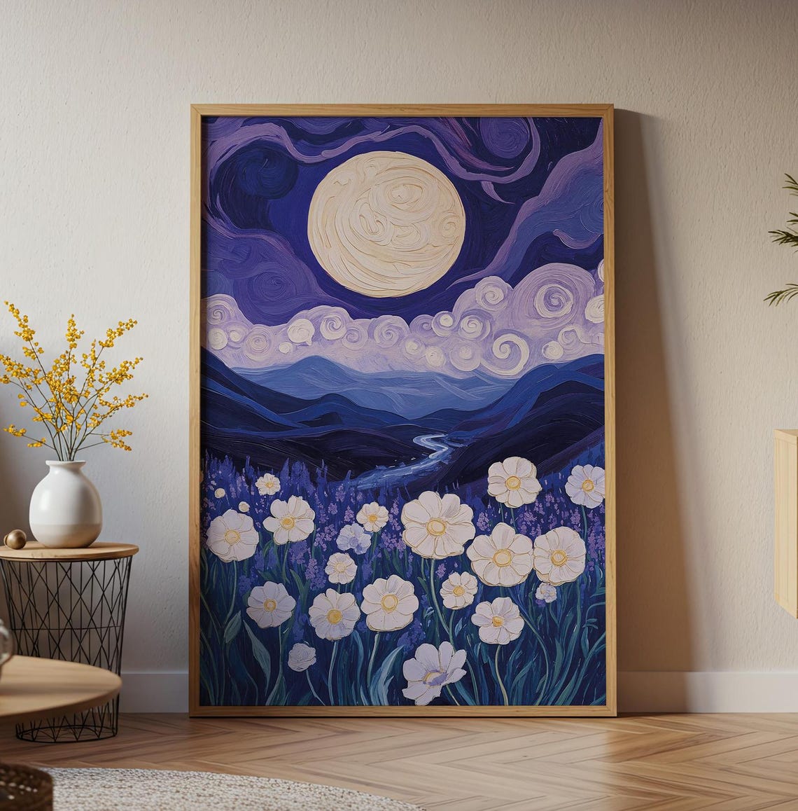 Moonlit Lavender Field White Daisies Starry Night Sky Poster