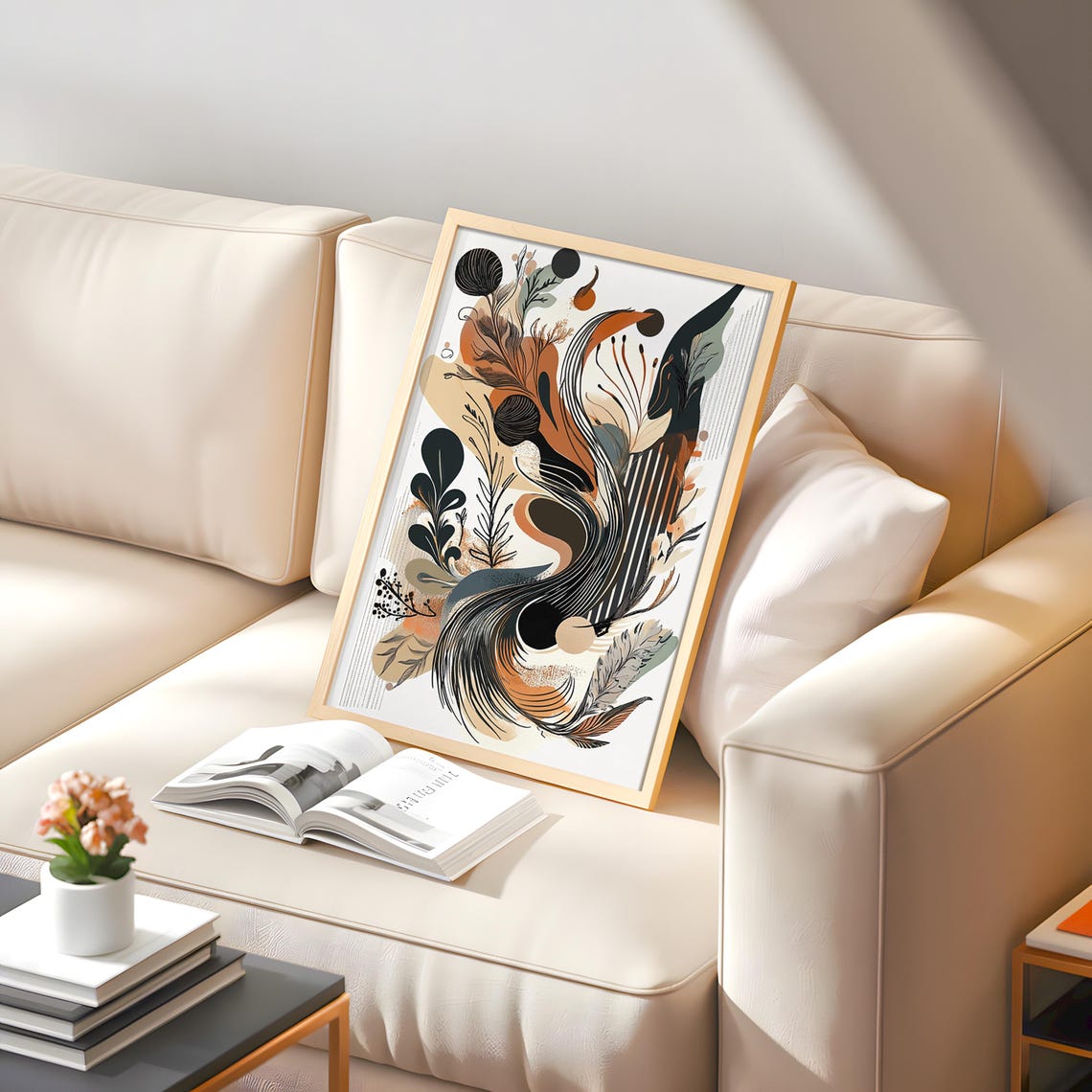 Orange Black Organic Swirl Botanical Flowing Abstract Art Poster - Image 2