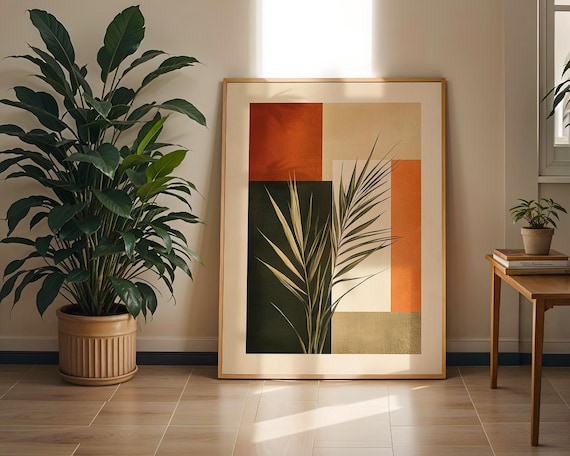 Minimalist Palm Leaf Art Print Geometric Nature Wall Modern Botanical Poster Earthy Boho Home Office Decor