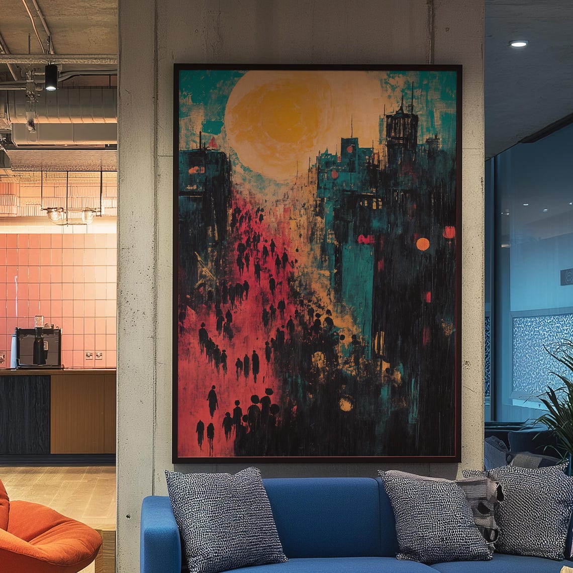 Golden Sun Urban Dusk Abstract City Crowd Moody Expressionist Poster - Image 4