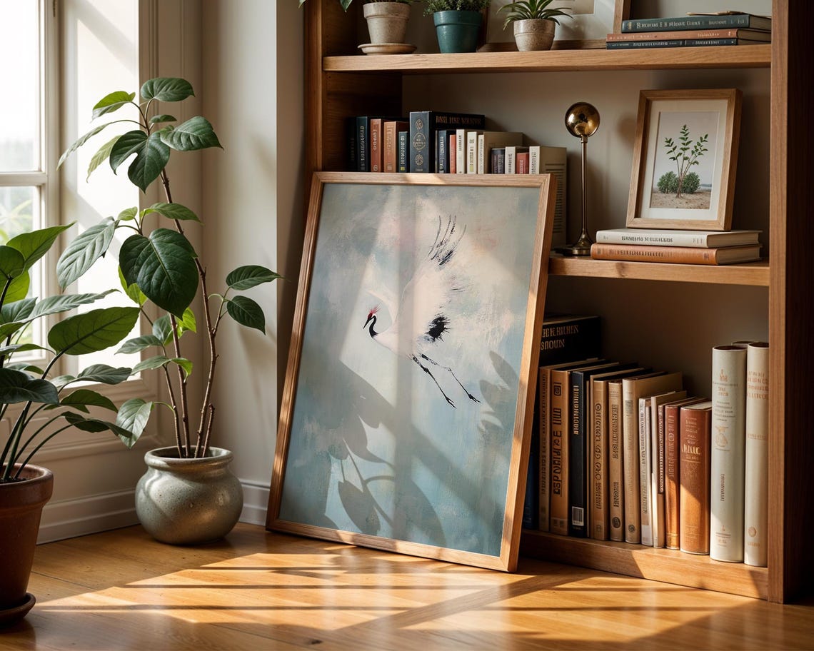 Graceful Flying White Crane Japanese Minimalist Watercolor Poster - Image 4