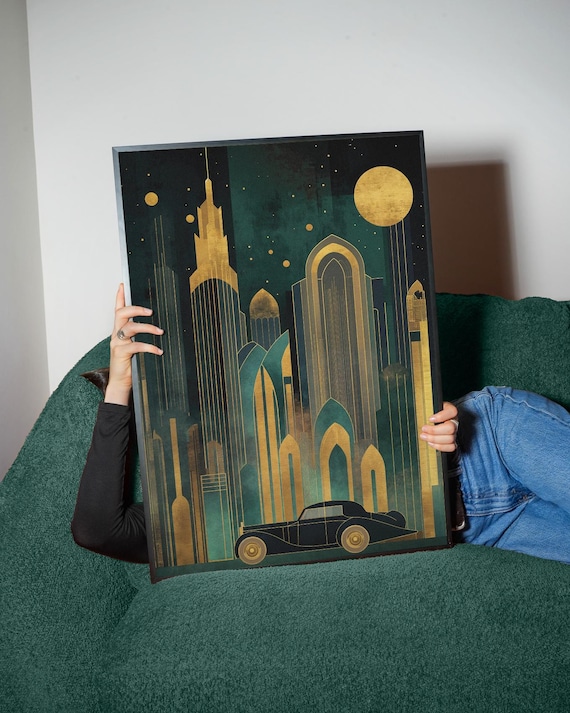 Art Deco Cityscape Print Gold Geometric Night Scene Poster