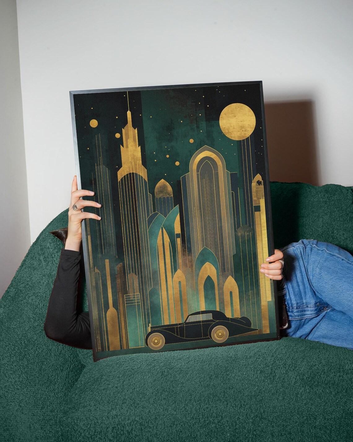 Art Deco Gold Skyscrapers Night Vintage Car Geometric Skyline Glamour Wall Art