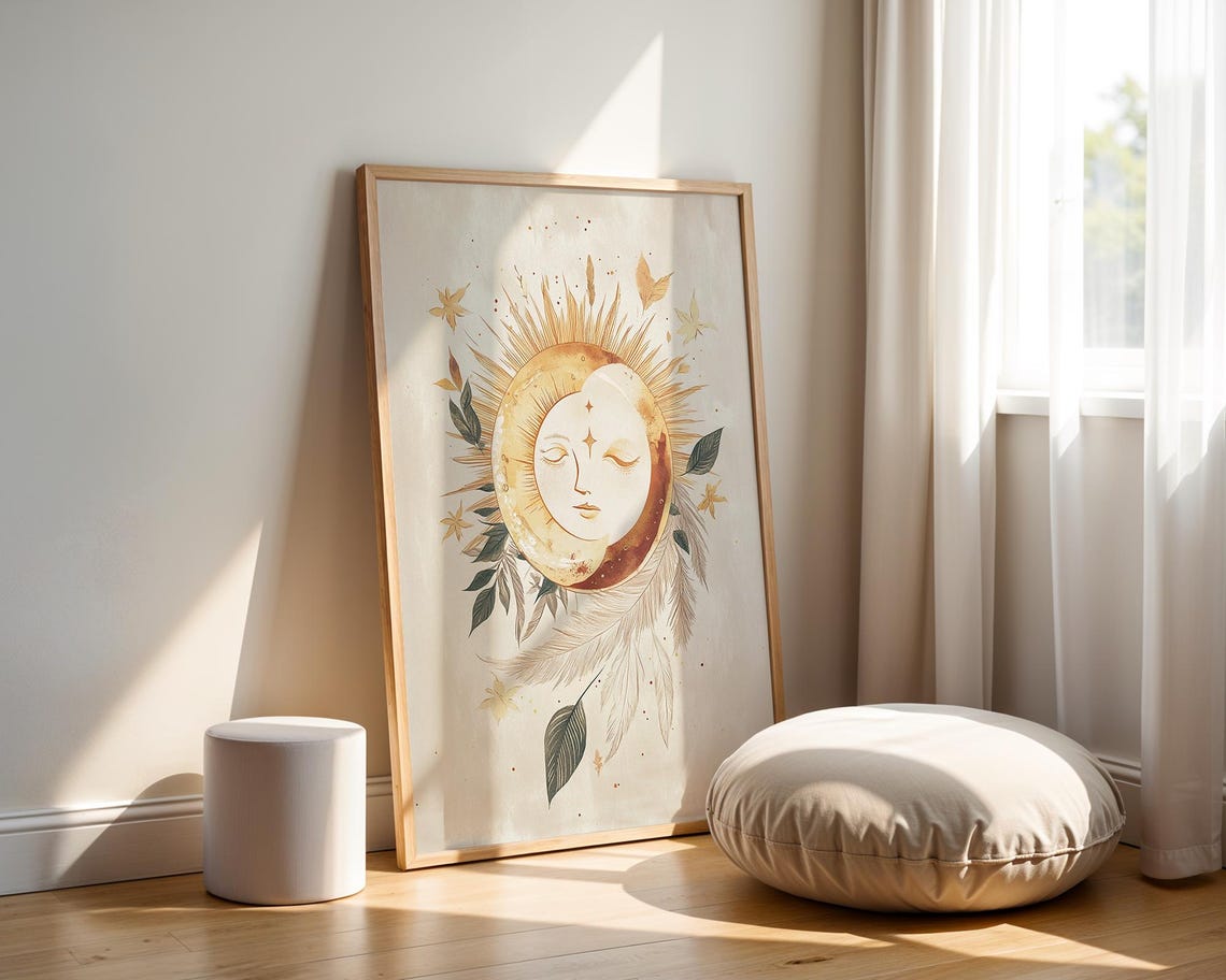Golden Celestial Sun Moon Face Botanical Mystical Boho Poster - Image 5