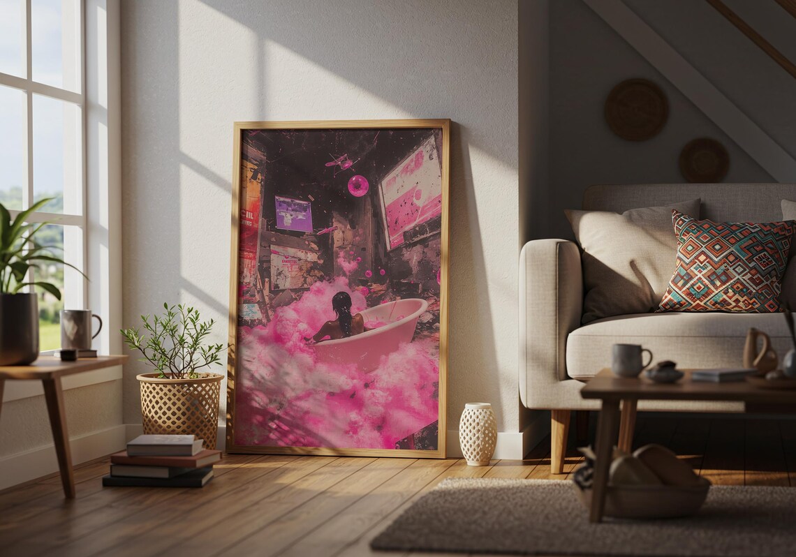 Pink Bath Dreamscape Cyberpunk Woman Neon Urban Fantasy Art Poster - Image 3