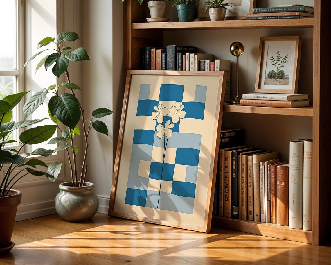 Retro Geometric Floral Blue Checkerboard Mid Century Wall Poster - Image 2