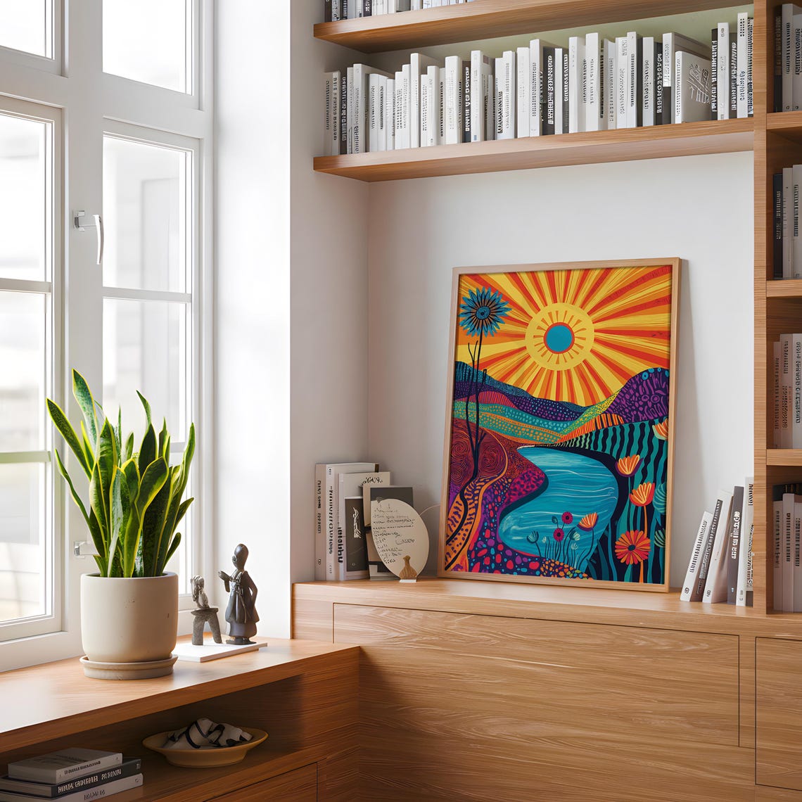 Boho Sunburst Lake Landscape Patterned Hills Colorful Folk Art Poster - Image 3