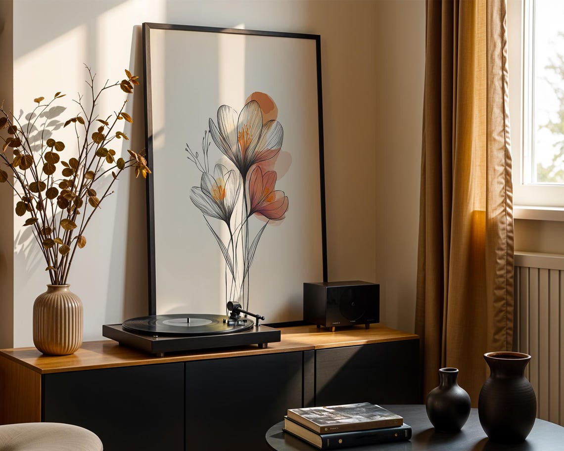 Minimalist Floral Line Art with Soft Watercolor Bloom Wash Poster - Image 4