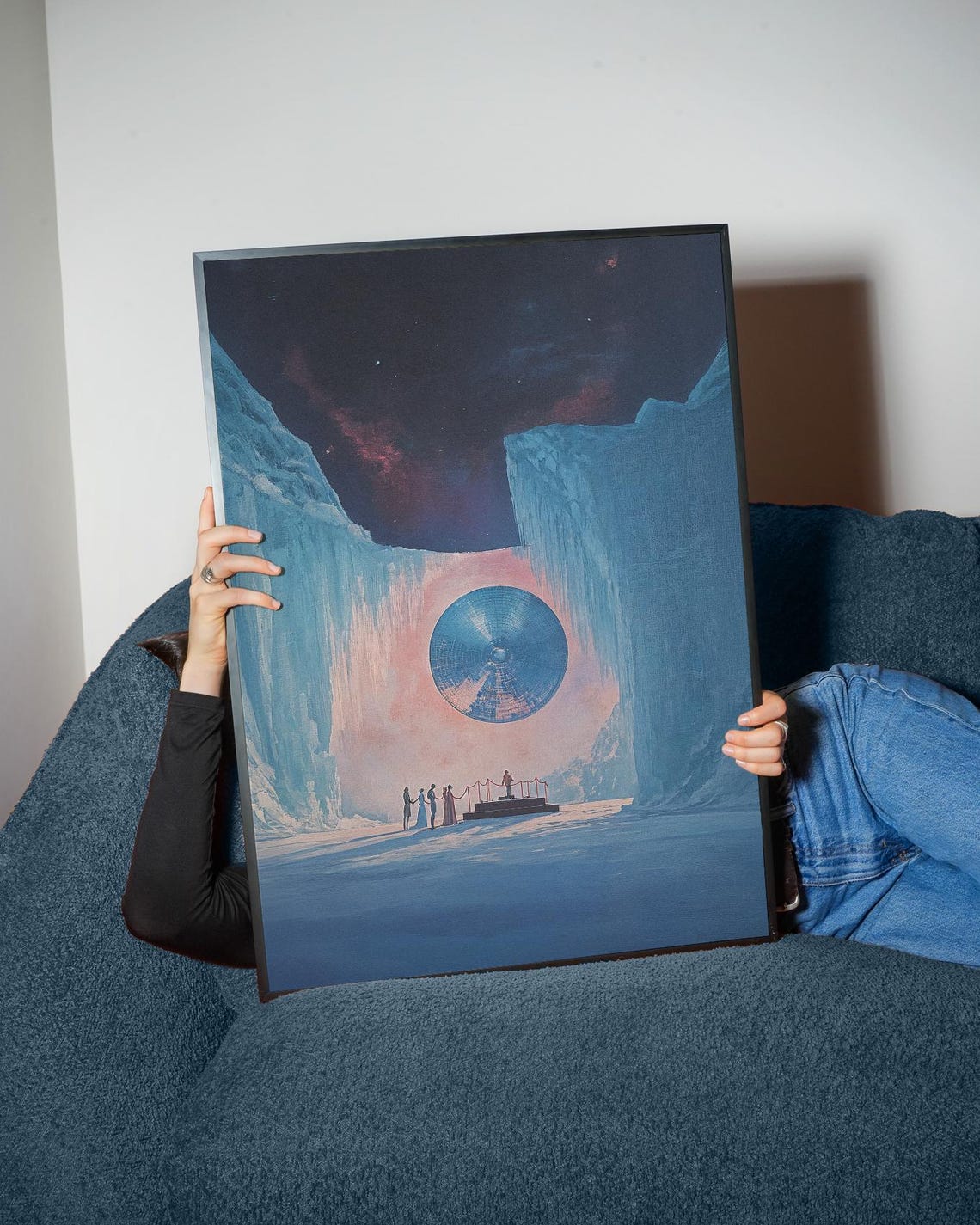 Sci Fi Ice Canyon with Glowing Blue Portal and Tiny Figures Poster