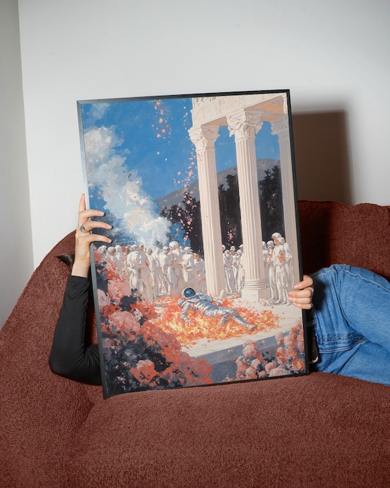 Astronaut Ritual Surreal Ceremony Burning Flowers Mythic Painting Poster