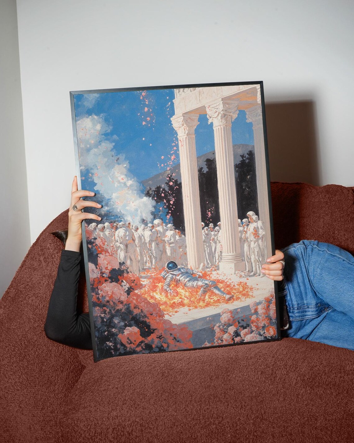 Astronaut Ritual Surreal Ceremony Burning Flowers Mythic Painting Poster