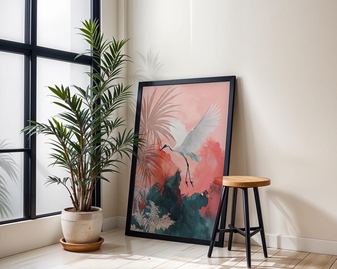 White Crane Flight Pink Watercolor Elegant Bird Art Wall Poster - Image 4