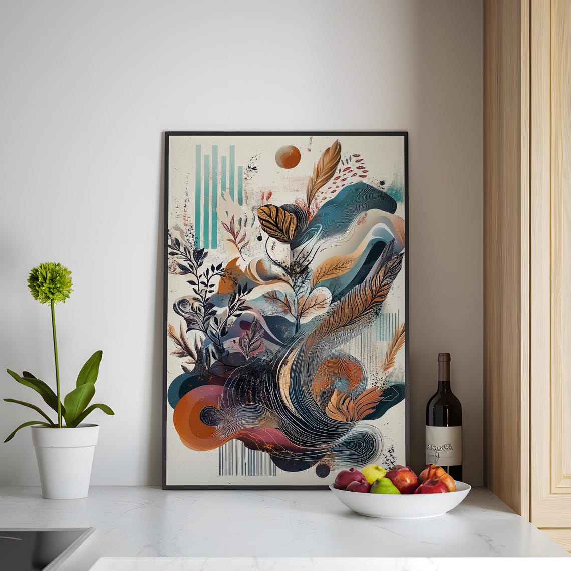 Copper Teal Swirl Botanical Abstract Art Print Flowing Wave Design
