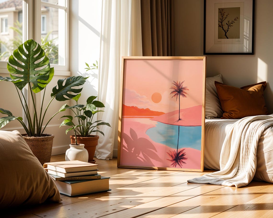Retro Desert Palm Sunset Reflection Pastel Travel Wall Poster - Image 2