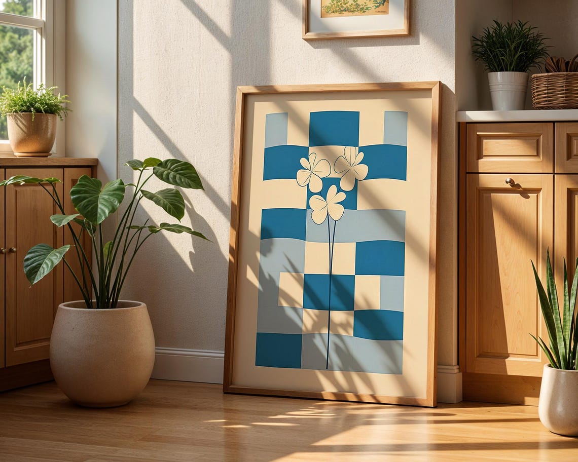 Retro Geometric Floral Blue Checkerboard Mid Century Wall Poster - Image 3