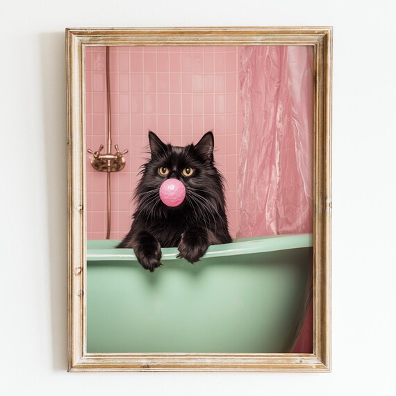 Funny Black Cat Wall Art Blowing Bubblegum In Bathroomretro Mint Bathroom Postervintage Printhumorous Decordigital