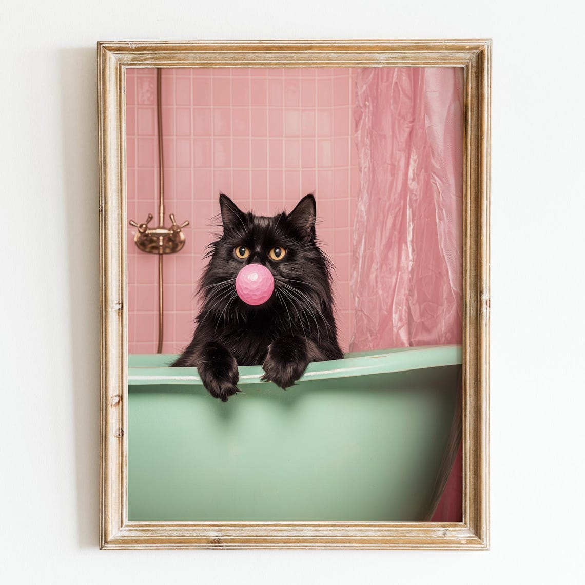 Funny Black Cat Wall Art Blowing Bubblegum In Bathroomretro Mint Bathroom Postervintage Printhumorous Decordigital