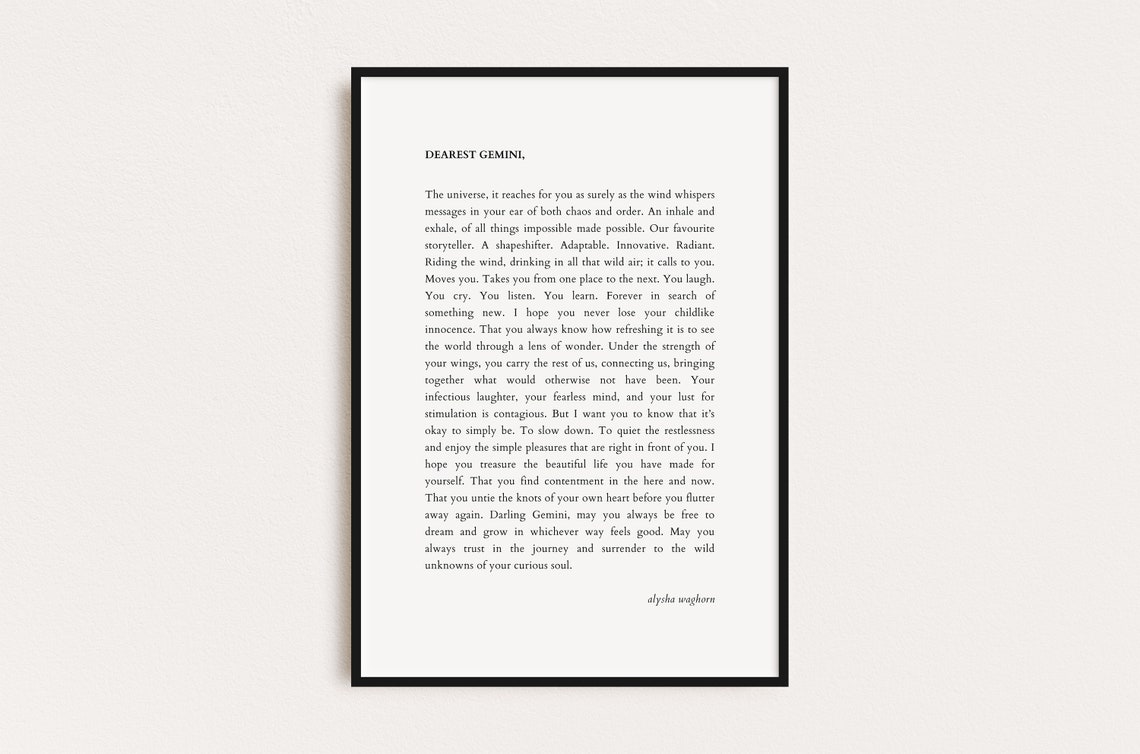 Dearest Gemini Star Sign Letter Minimalist Typography Wall Art