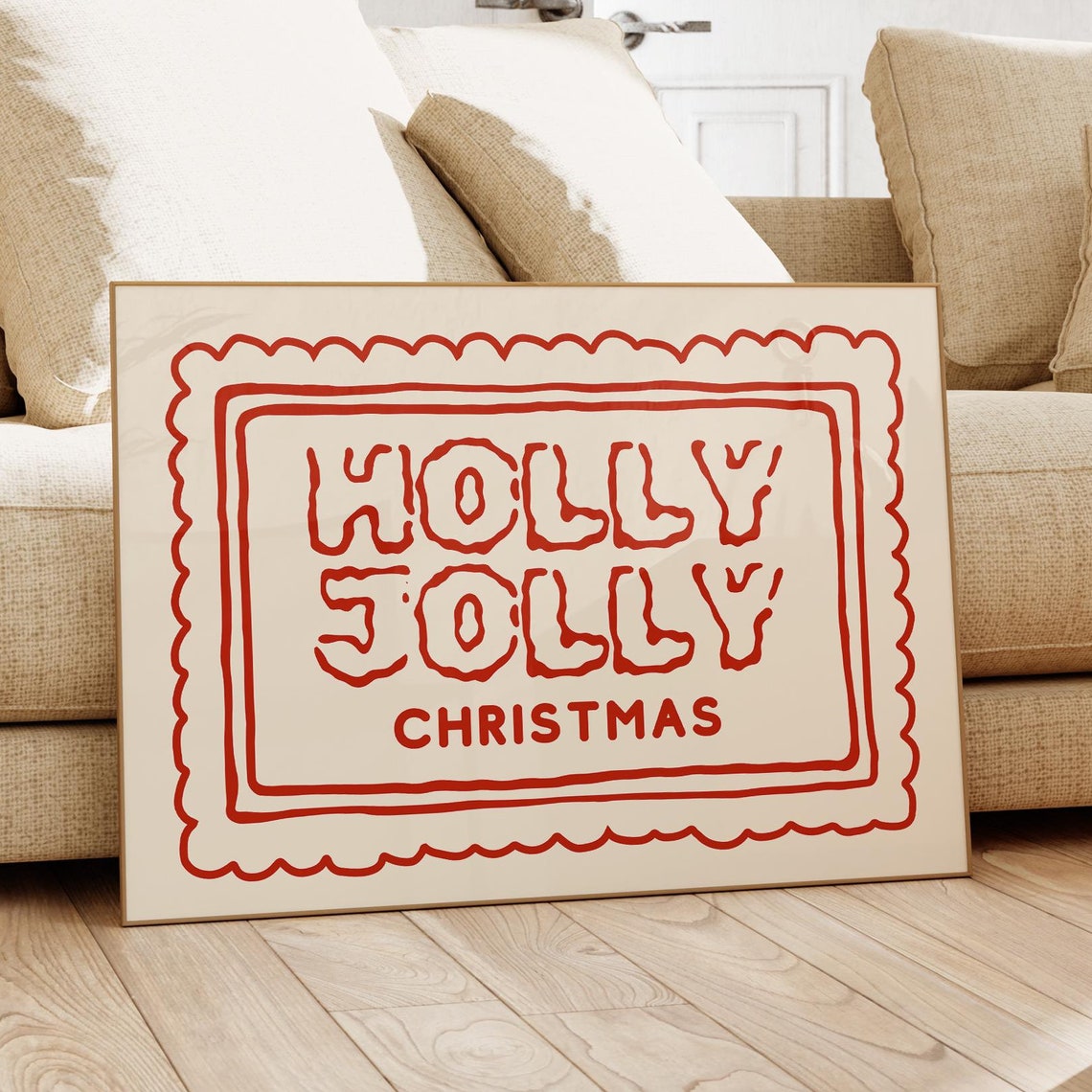 Holly Jolly Christmas Postage Stamp Red Hand Lettered Art Print