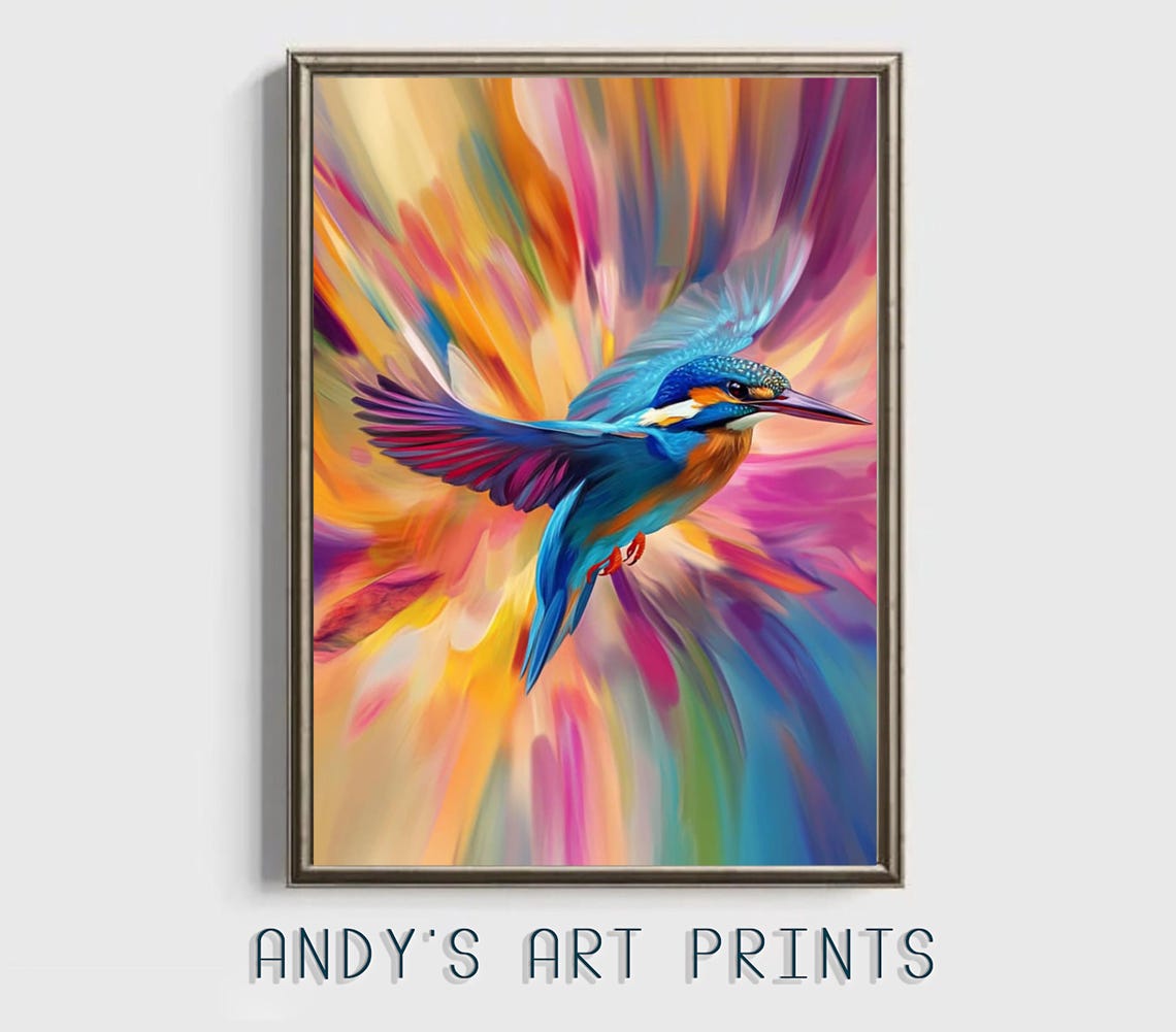 Kingfisher in Flight Across a Colorful Rainbow Burst Background Poster - Image 3