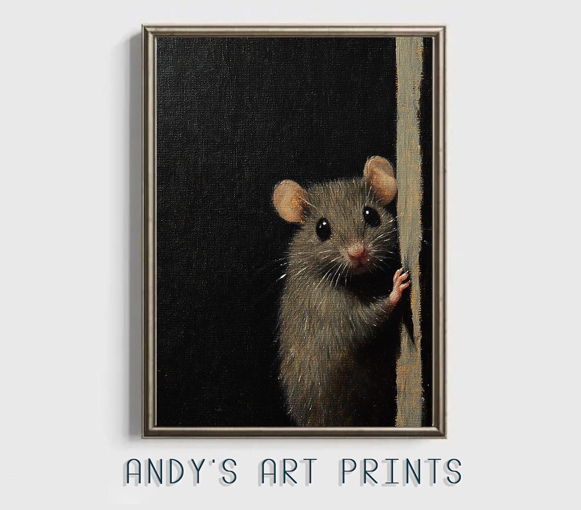 Tiny Grey Mouse Cautiously Peeking Around A Corner On Black Poster - Image 3