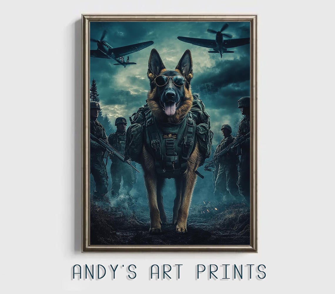 German Shepherd Army Dog in Gear With Soldiers and Warplanes Poster