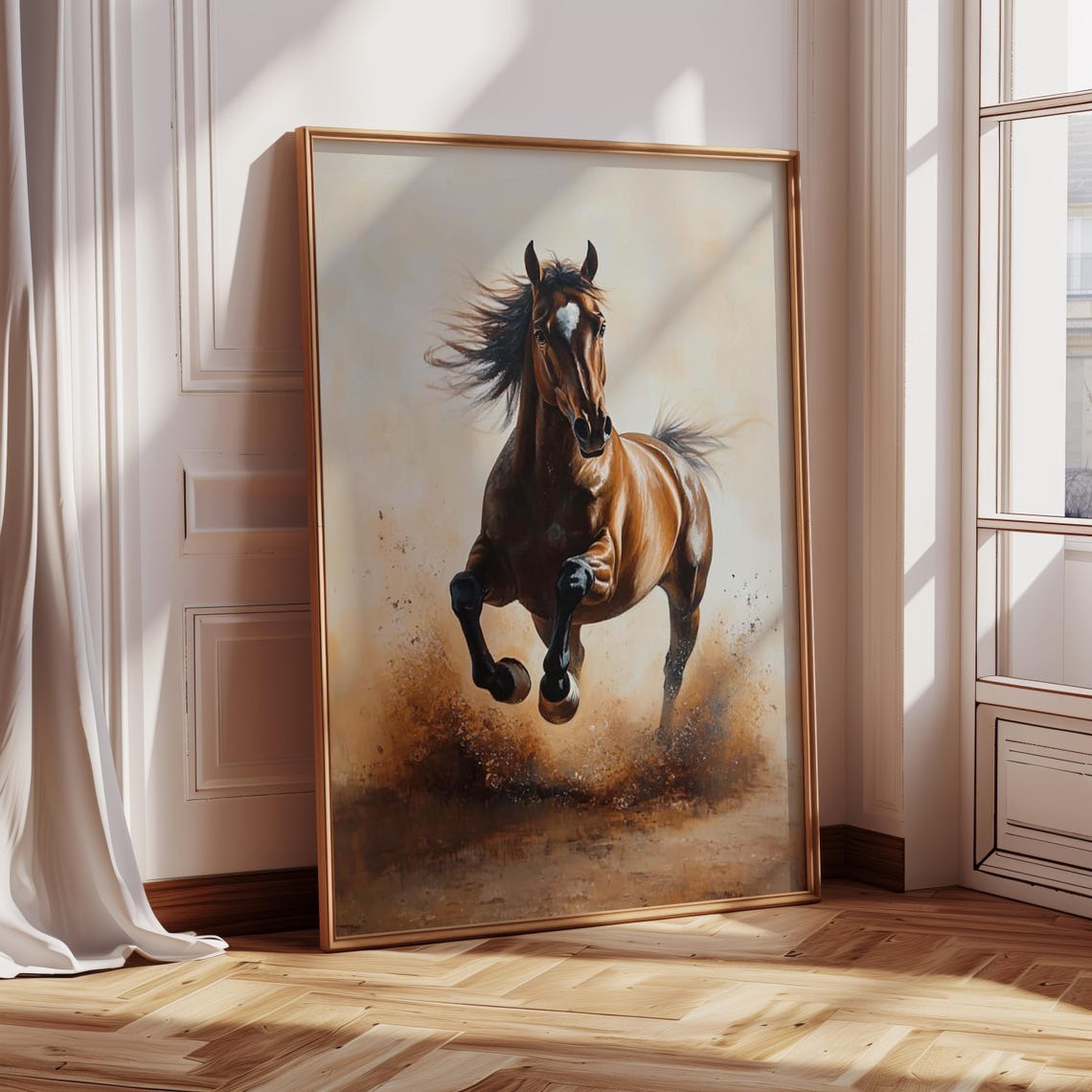 Chestnut Horse Galloping Kicking Up Dust Golden Oil Art Poster