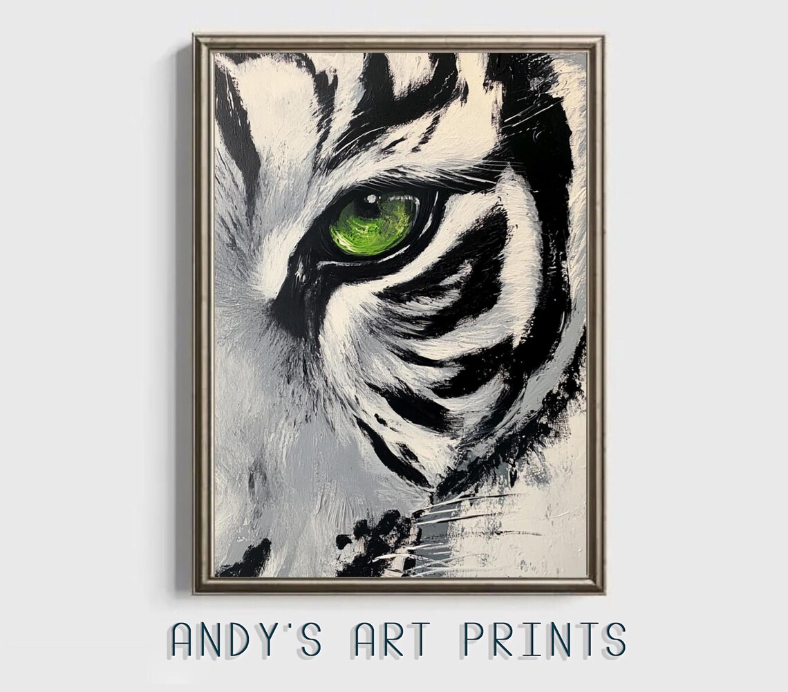 White Tiger Eye Close Up Green Eye Oil Painting Wildlife Poster - Image 3