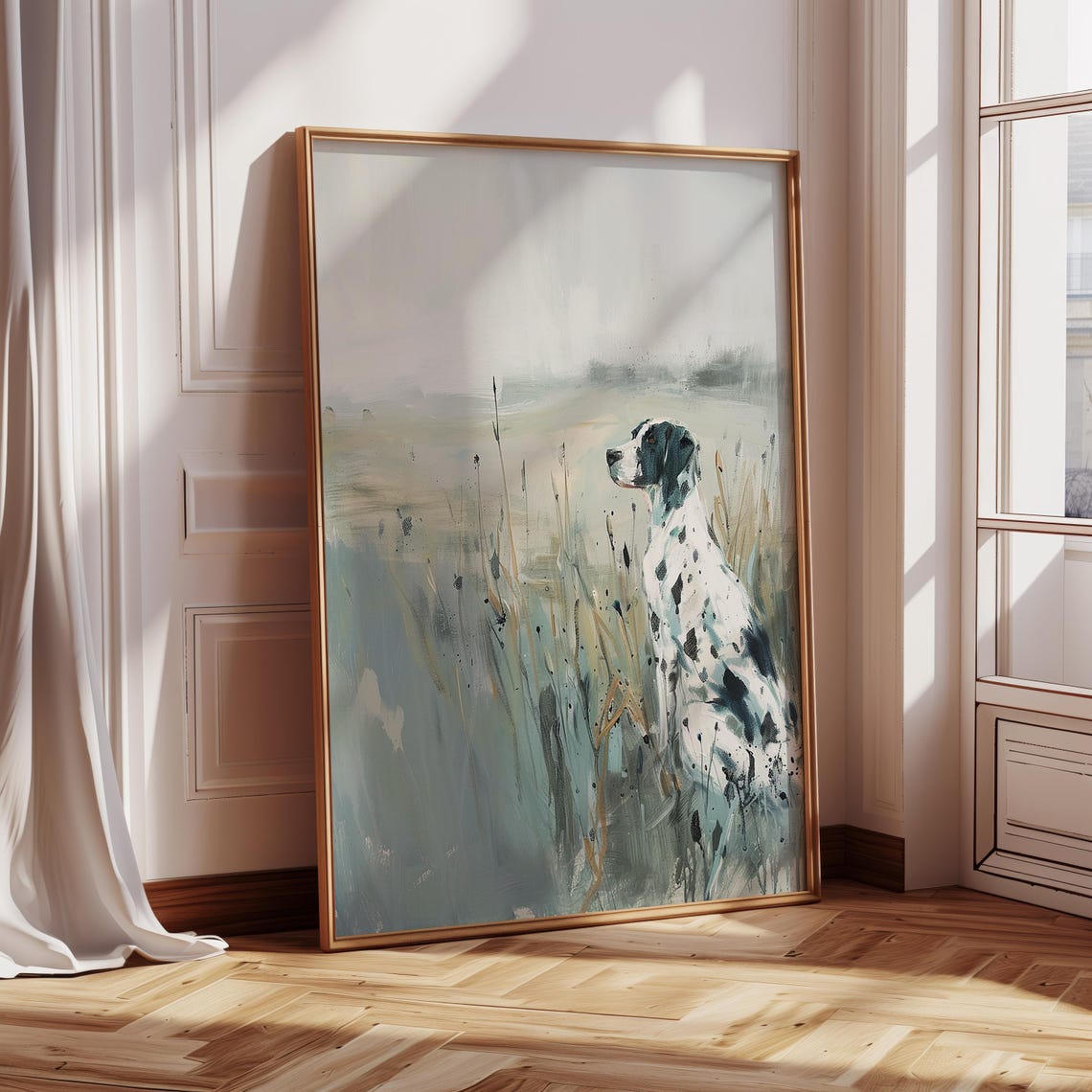 Spotted Pointer Dog Sitting In Misty Marsh Field Painting Poster