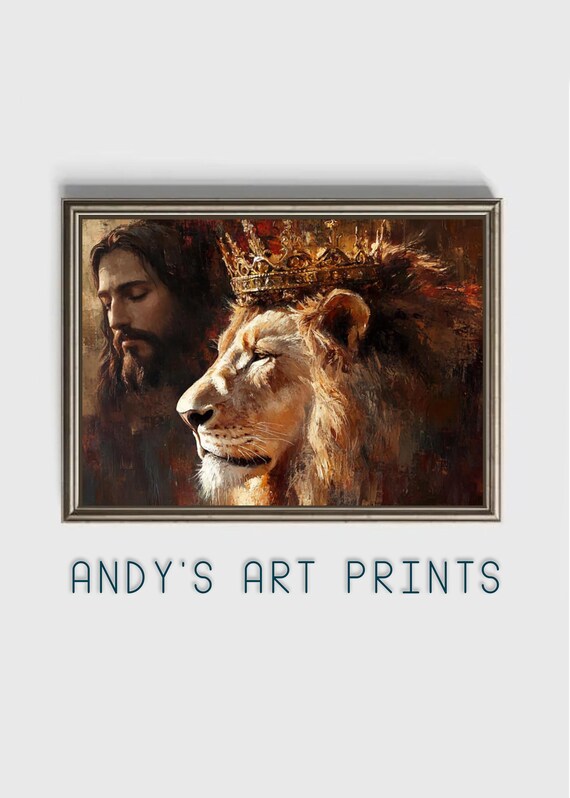 Jesus Christ Standing Beside Crowned Lion Faith Christian Art Poster